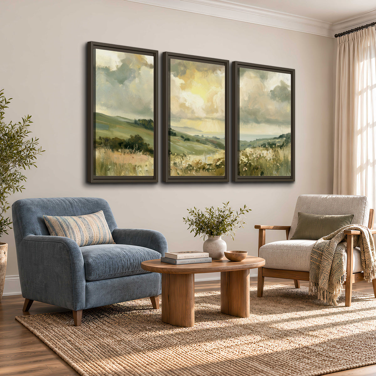 Rolling green hills beneath a luminous cloudy sky 3 piece framed canvas wall art styled in an interior