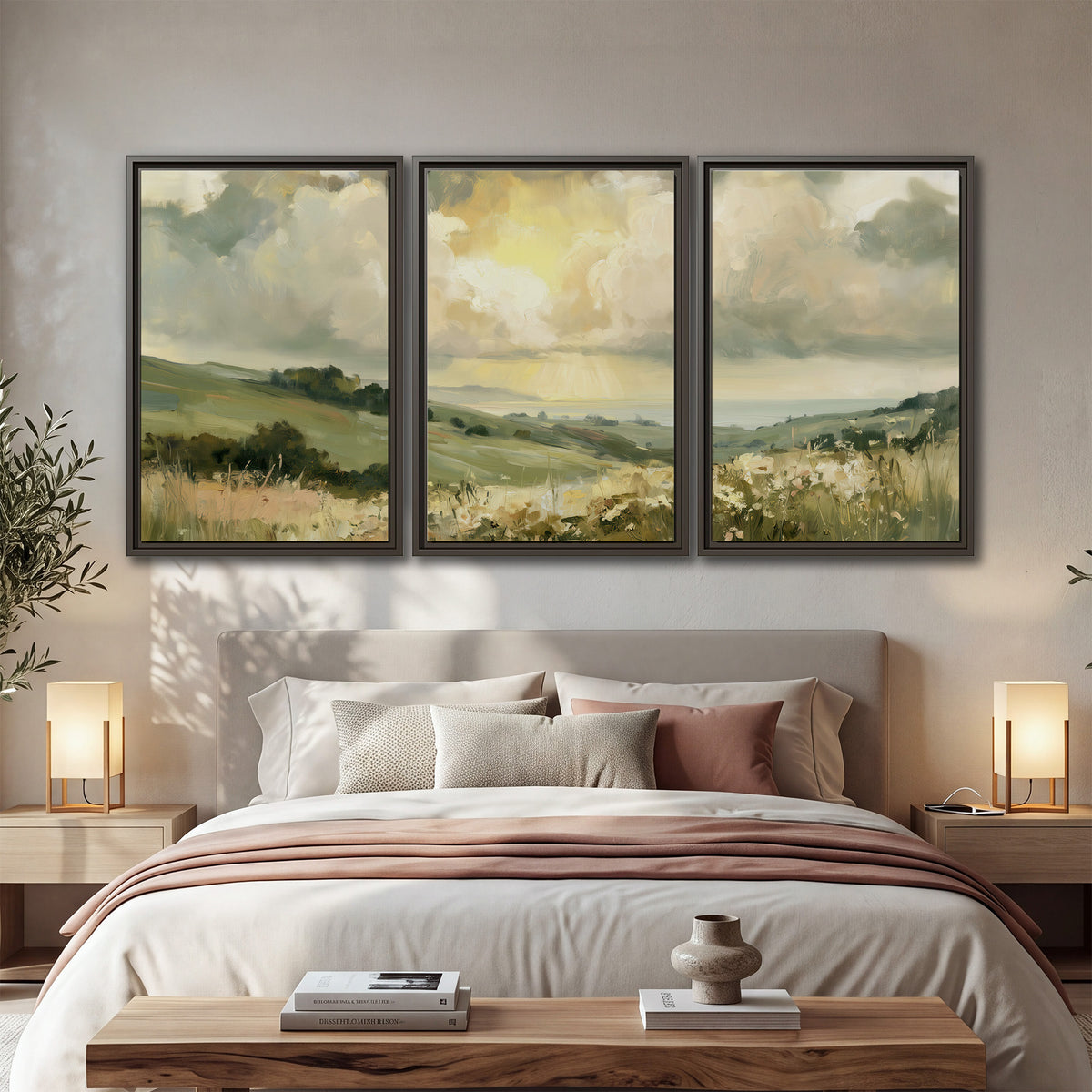 Rolling green hills beneath a luminous cloudy sky 3 piece framed canvas wall art displayed in a bedroom