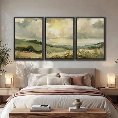 Rolling green hills beneath a luminous cloudy sky 3 piece framed canvas wall art displayed in a bedroom
