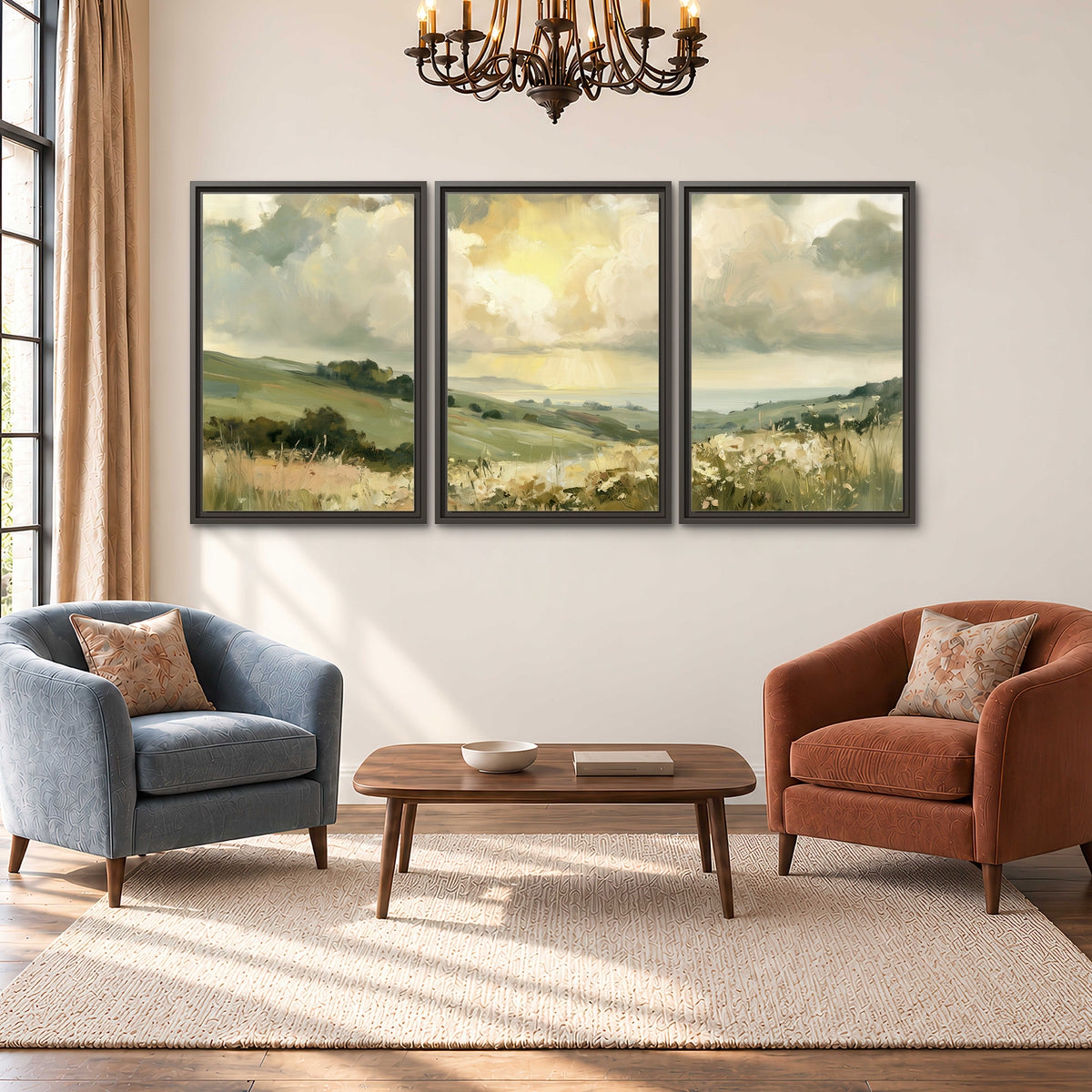 Rolling green hills beneath a luminous cloudy sky 3 piece framed canvas wall art styled in an interior