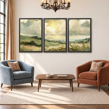 Rolling green hills beneath a luminous cloudy sky 3 piece framed canvas wall art styled in an interior