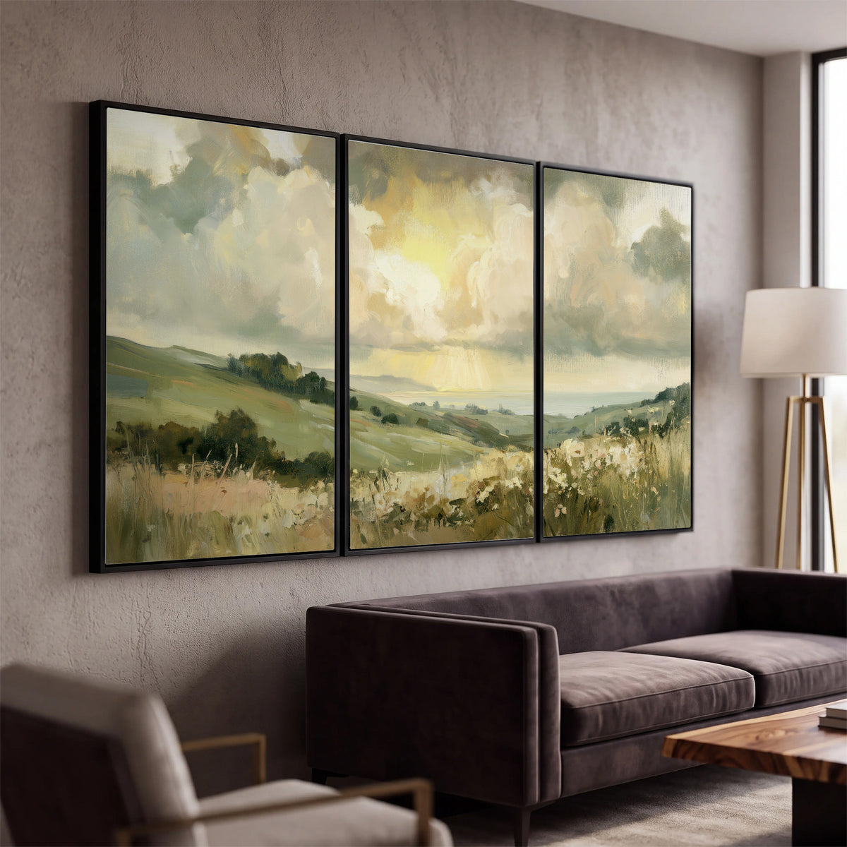 Rolling green hills beneath a luminous cloudy sky 3 piece framed canvas wall art displayed in a modern living room