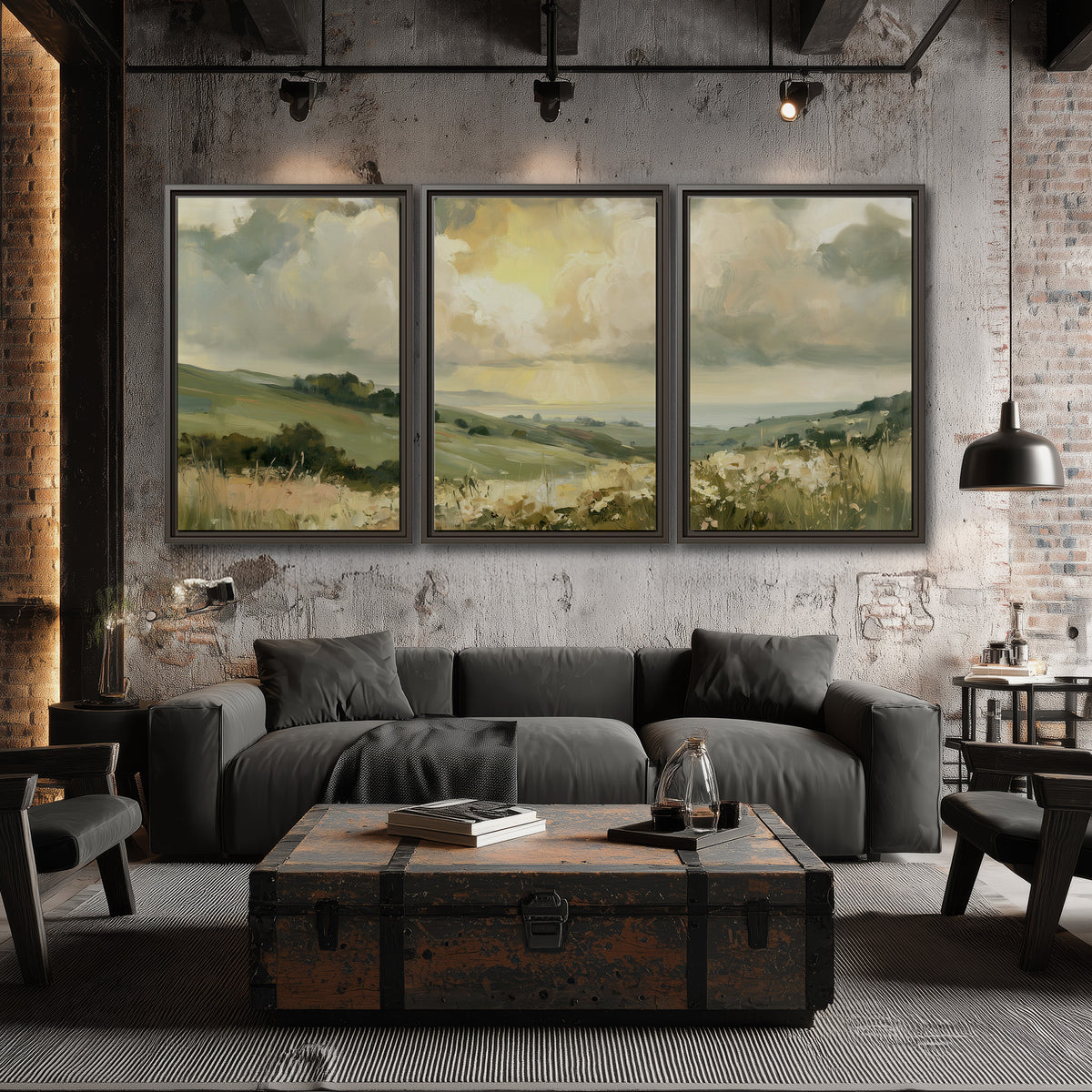 Rolling green hills beneath a luminous cloudy sky 3 piece framed canvas wall art displayed in a industrial room