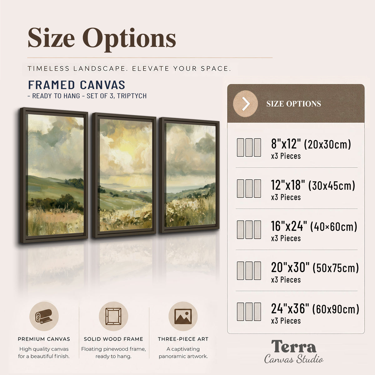 Rolling green hills beneath a luminous cloudy sky 3 piece framed canvas wall art available dimensions; triptych dimensions are per panel
