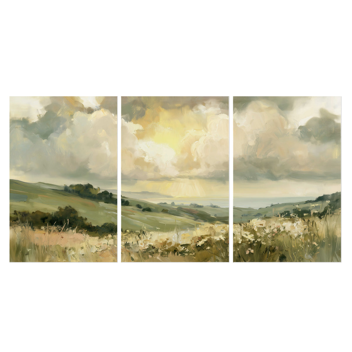 Rolling green hills beneath a luminous cloudy sky set of 3 poster prints viewed straight on