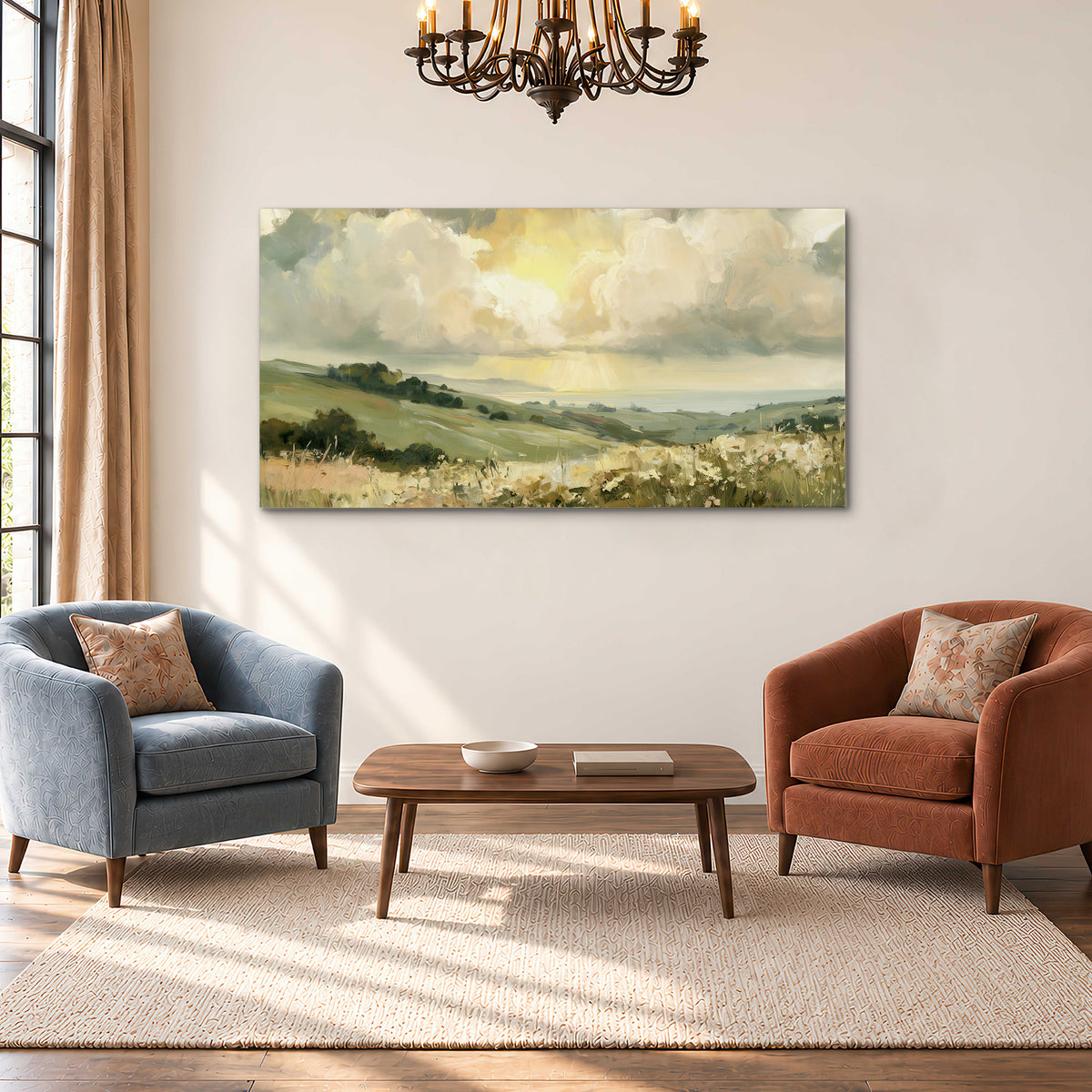 Rolling green hills beneath a luminous cloudy sky single canvas wall art styled in an interior