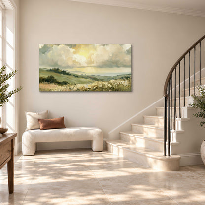 Rolling green hills beneath a luminous cloudy sky single canvas wall art styled in an interior
