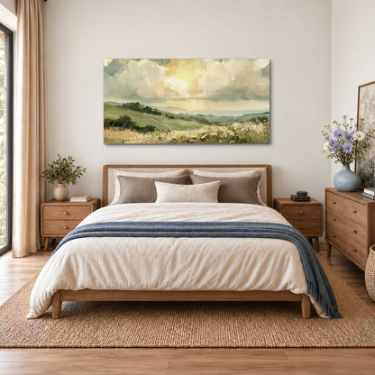 Rolling green hills beneath a luminous cloudy sky single canvas wall art styled in an interior