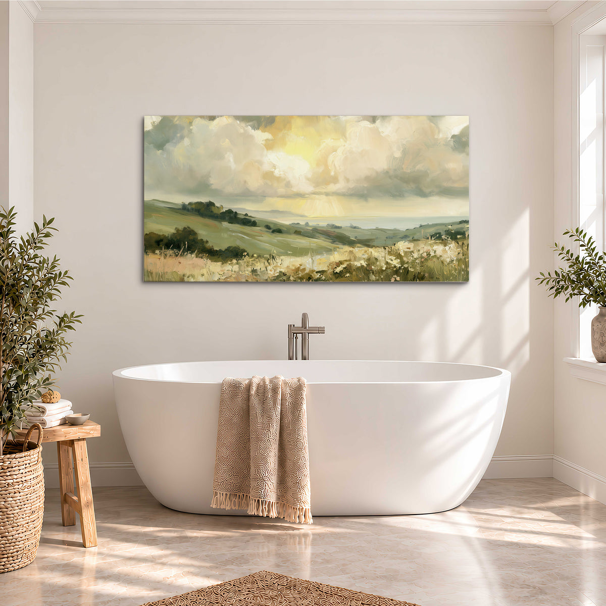 Rolling green hills beneath a luminous cloudy sky single canvas wall art styled in an interior