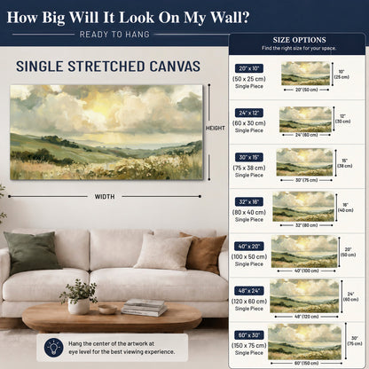 Rolling green hills beneath a luminous cloudy sky single canvas wall art size guide above a sofa; room view is illustrative