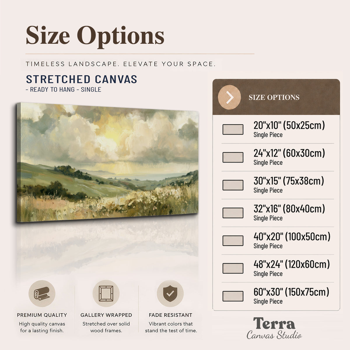 Rolling green hills beneath a luminous cloudy sky single canvas wall art available dimensions