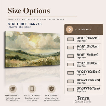 Rolling green hills beneath a luminous cloudy sky single canvas wall art available dimensions