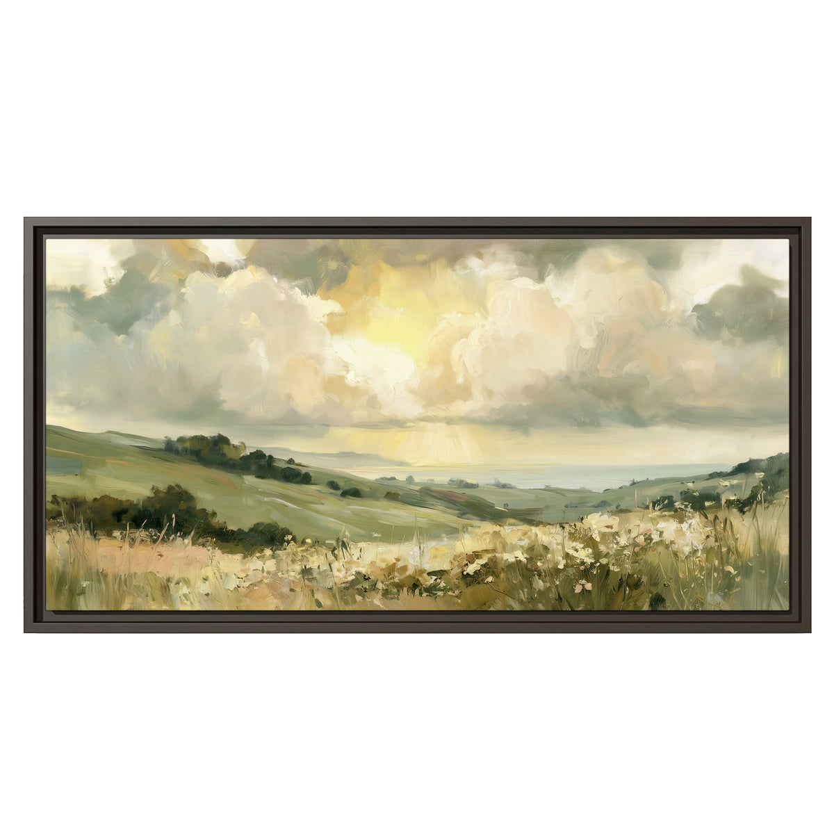 Rolling green hills beneath a luminous cloudy sky single framed canvas wall art viewed straight on
