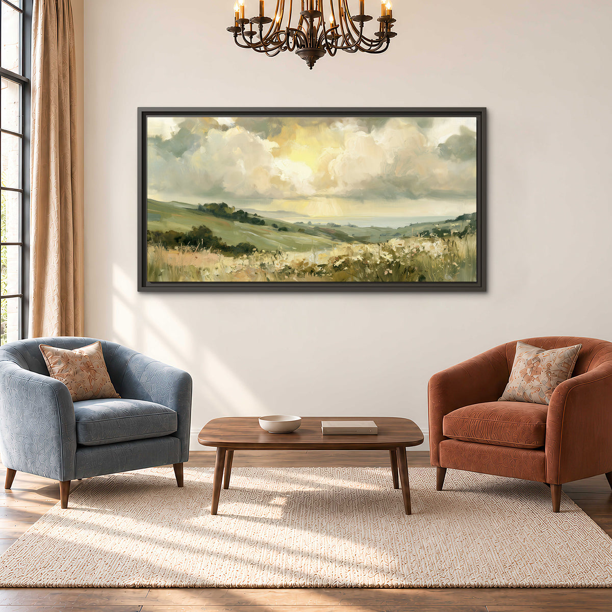 Rolling green hills beneath a luminous cloudy sky single framed canvas wall art styled in an interior