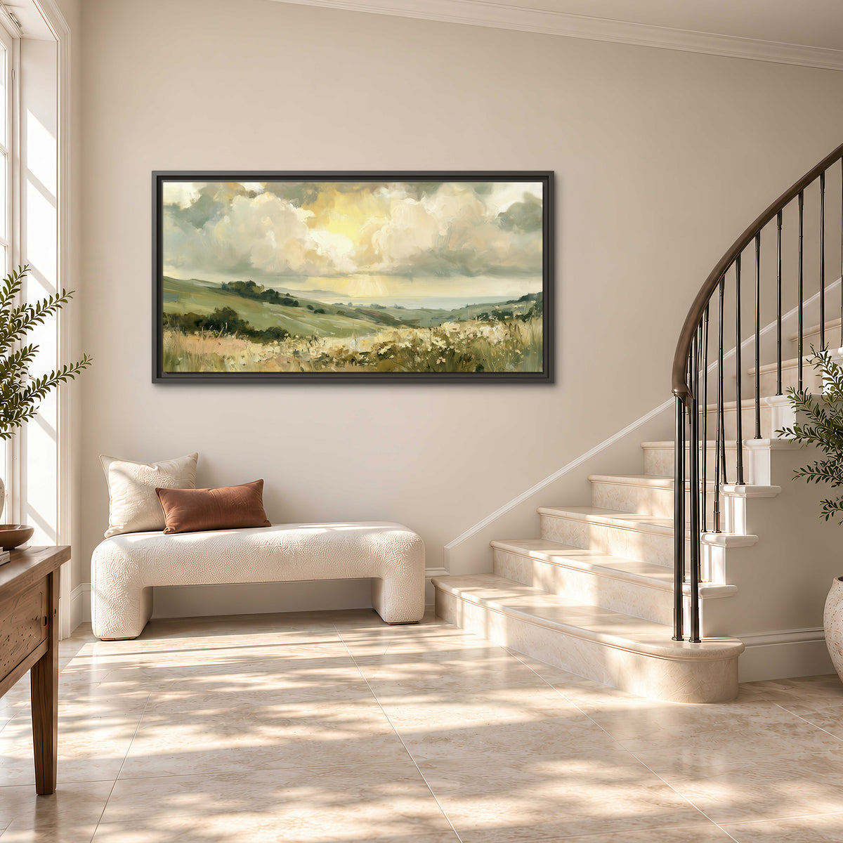 Rolling green hills beneath a luminous cloudy sky single framed canvas wall art styled in an interior