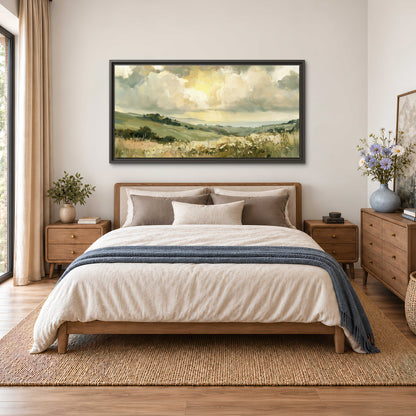 Rolling green hills beneath a luminous cloudy sky single framed canvas wall art styled in an interior