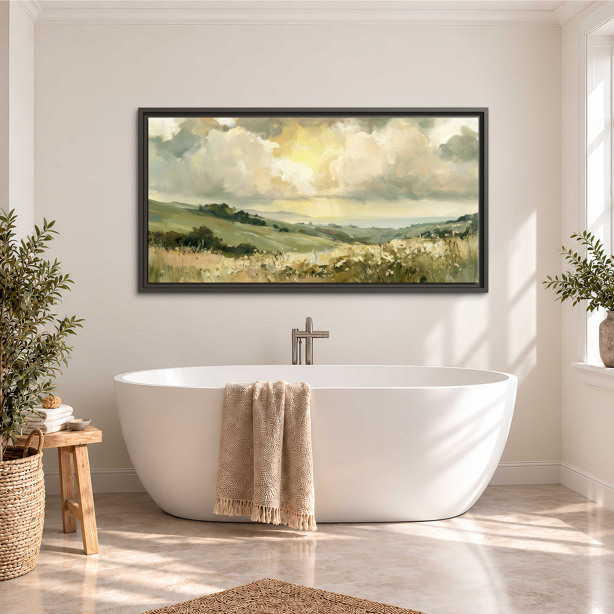 Rolling green hills beneath a luminous cloudy sky single framed canvas wall art styled in an interior