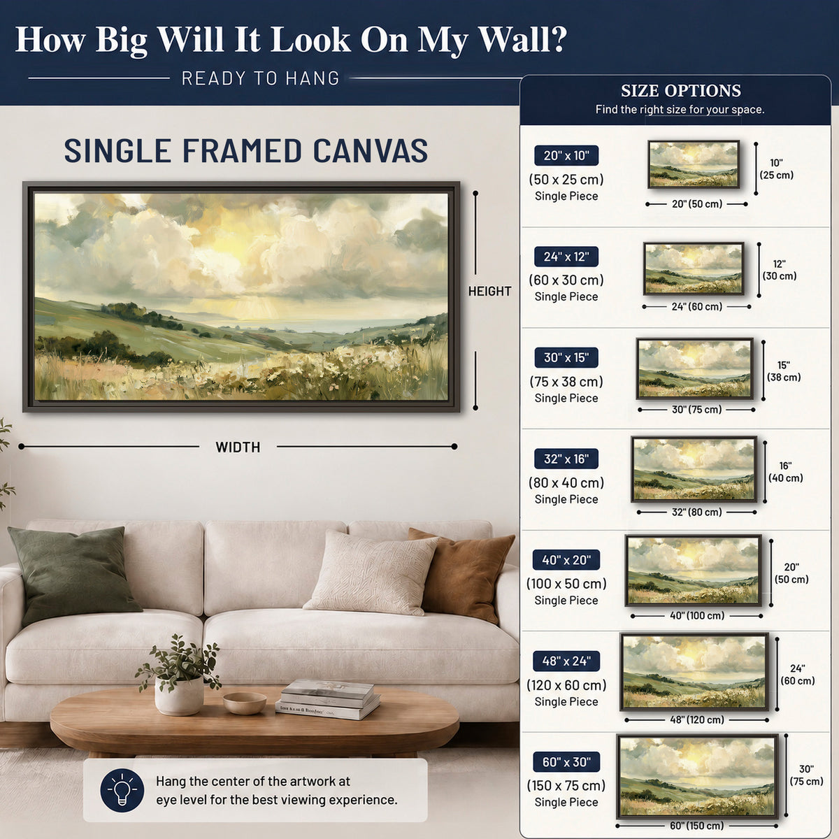 Rolling green hills beneath a luminous cloudy sky single framed canvas wall art size guide above a sofa; room view is illustrative