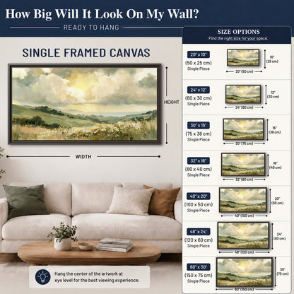 Rolling green hills beneath a luminous cloudy sky single framed canvas wall art size guide above a sofa; room view is illustrative