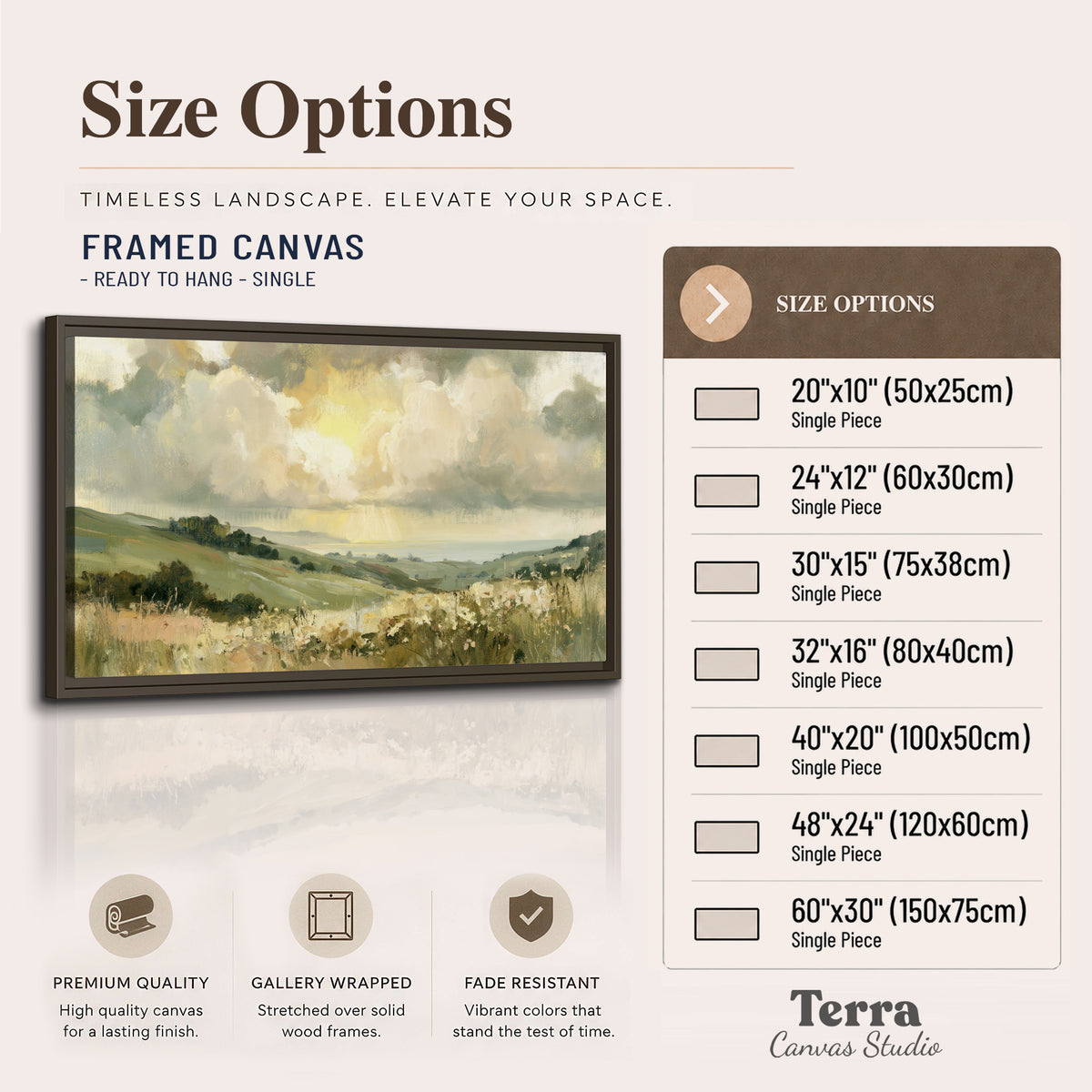 Rolling green hills beneath a luminous cloudy sky single framed canvas wall art available dimensions