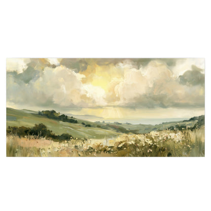 Rolling green hills beneath a luminous cloudy sky single poster print viewed straight on