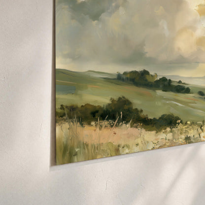 Rolling green hills beneath a luminous cloudy sky set of 3 poster prints material and edge close up
