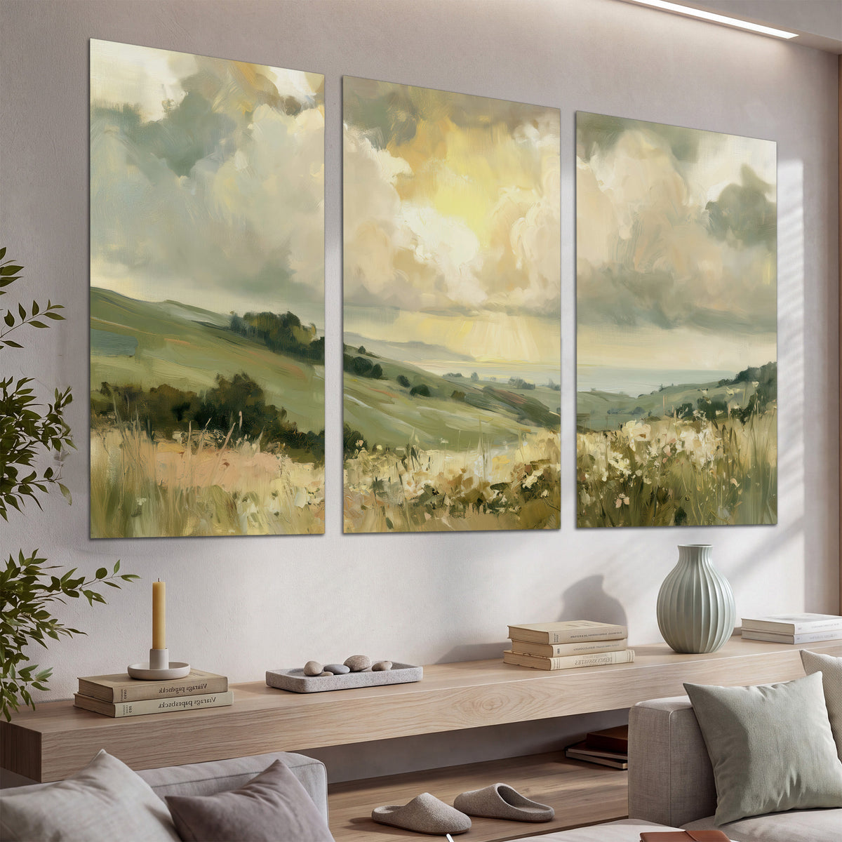 Rolling green hills beneath a luminous cloudy sky set of 3 poster prints displayed in a console