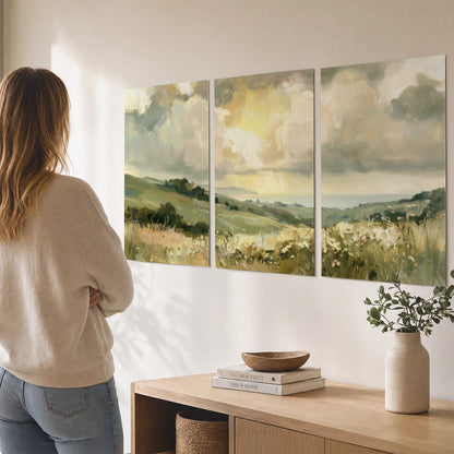 Rolling green hills beneath a luminous cloudy sky set of 3 poster prints three panel arrangement on a wall