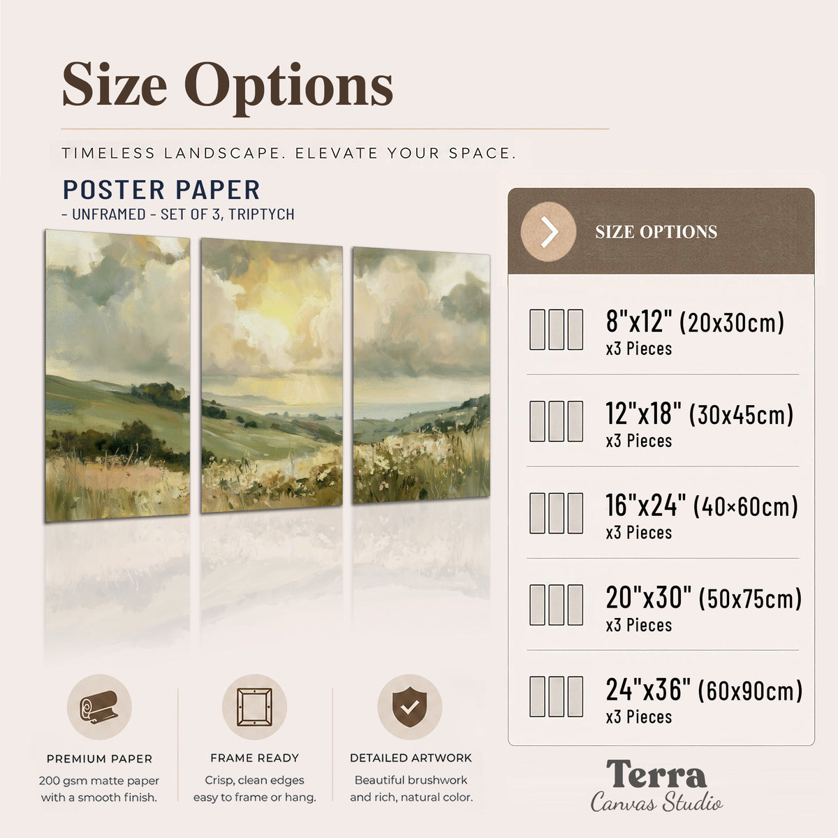 Rolling green hills beneath a luminous cloudy sky set of 3 poster prints available dimensions; triptych dimensions are per panel