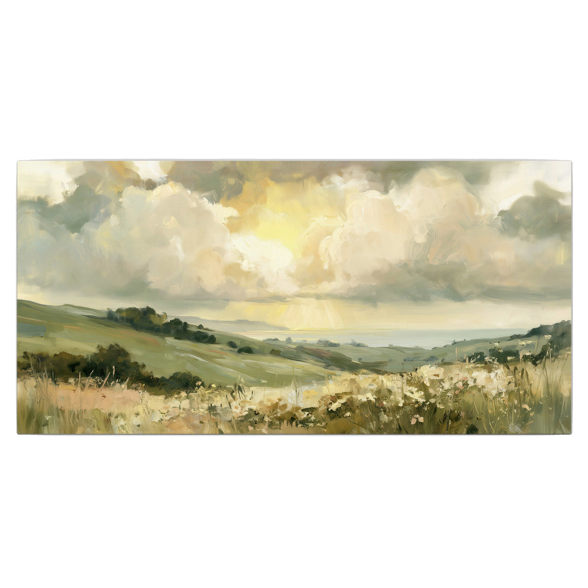 Rolling green hills beneath a luminous cloudy sky single canvas wall art viewed straight on