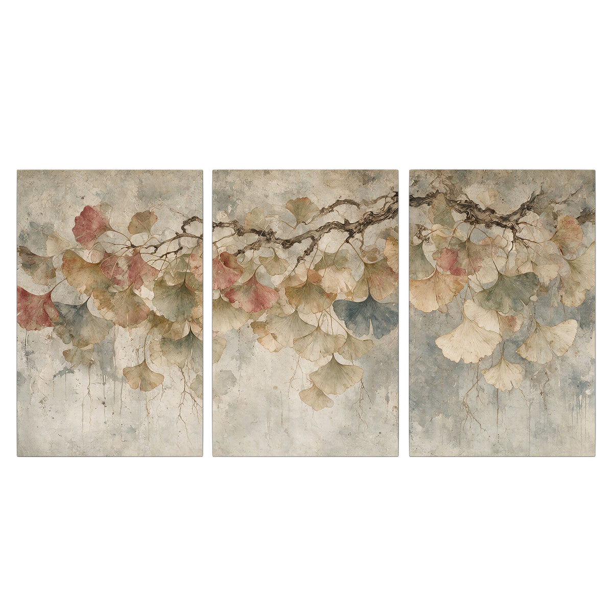 Cream and blush ginkgo leaves on delicate branches 3 piece canvas wall art viewed straight on