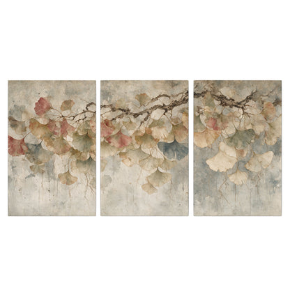 Cream and blush ginkgo leaves on delicate branches 3 piece canvas wall art viewed straight on