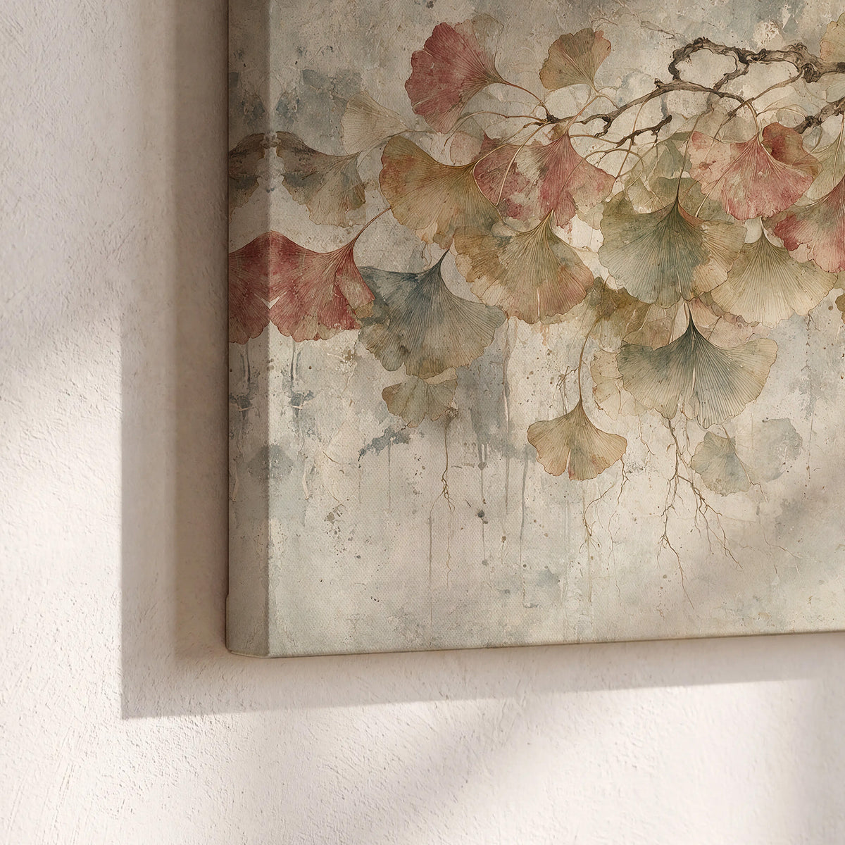 Cream and blush ginkgo leaves on delicate branches 3 piece canvas wall art material and edge close up