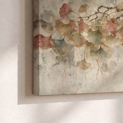Cream and blush ginkgo leaves on delicate branches 3 piece canvas wall art material and edge close up