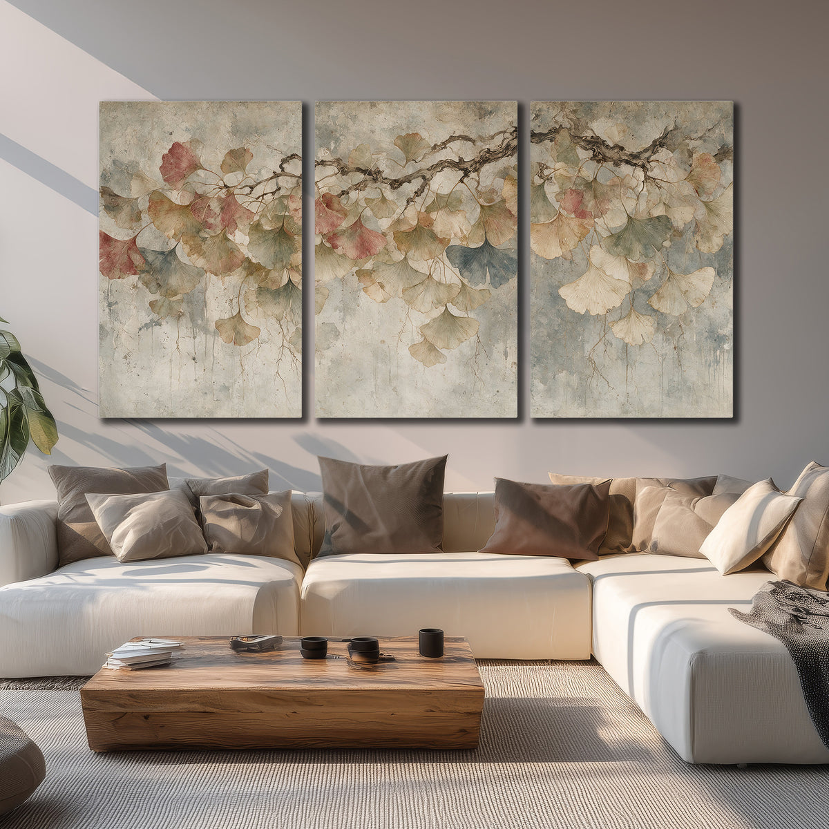 Cream and blush ginkgo leaves on delicate branches 3 piece canvas wall art displayed in a living room