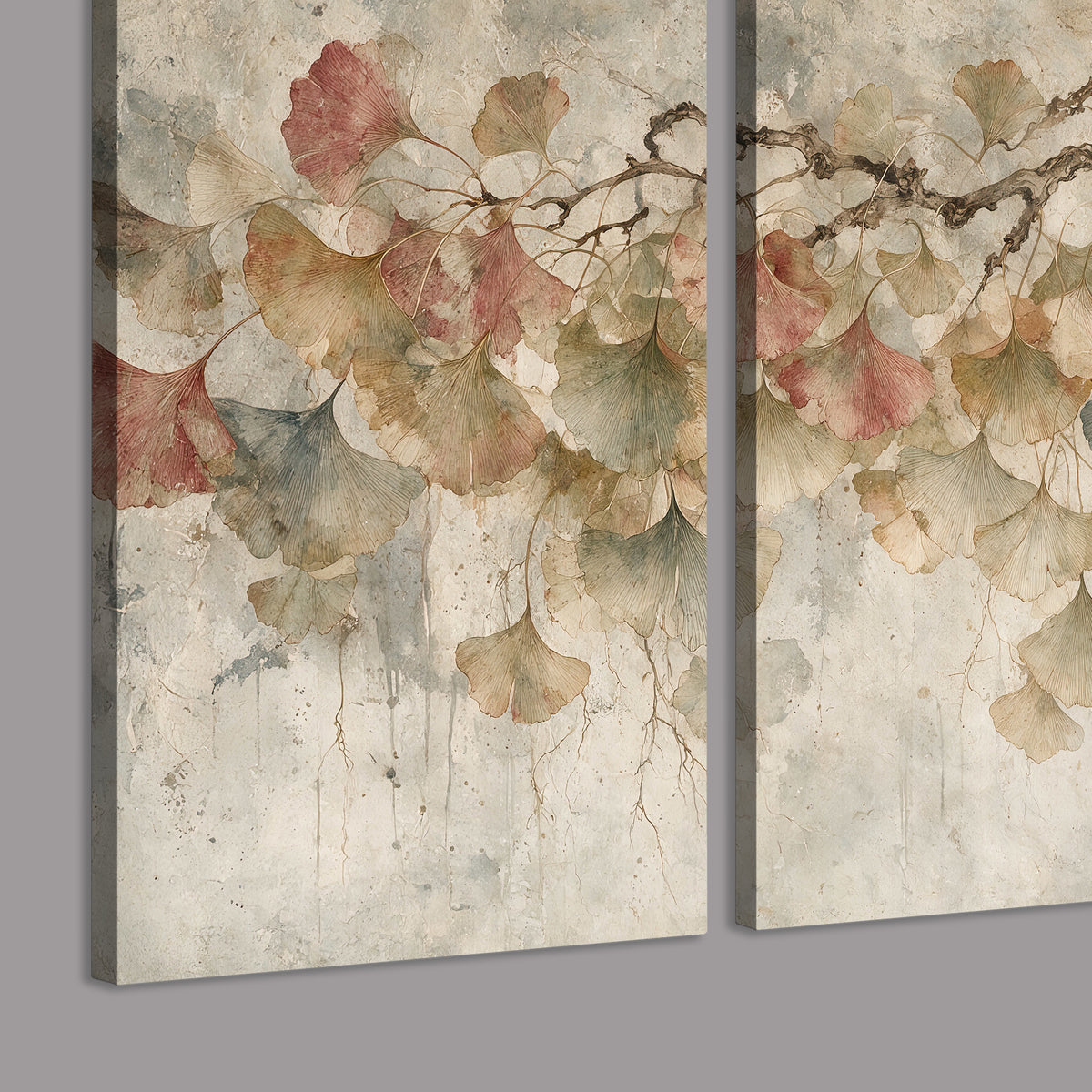 Cream and blush ginkgo leaves on delicate branches 3 piece canvas wall art room and product view