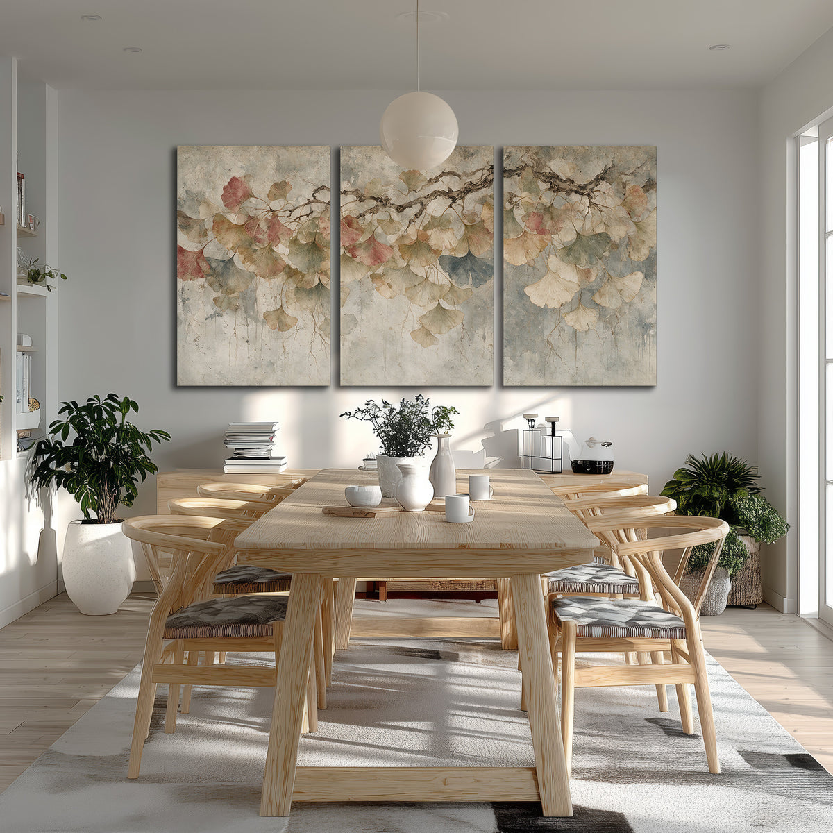 Cream and blush ginkgo leaves on delicate branches 3 piece canvas wall art room and product view