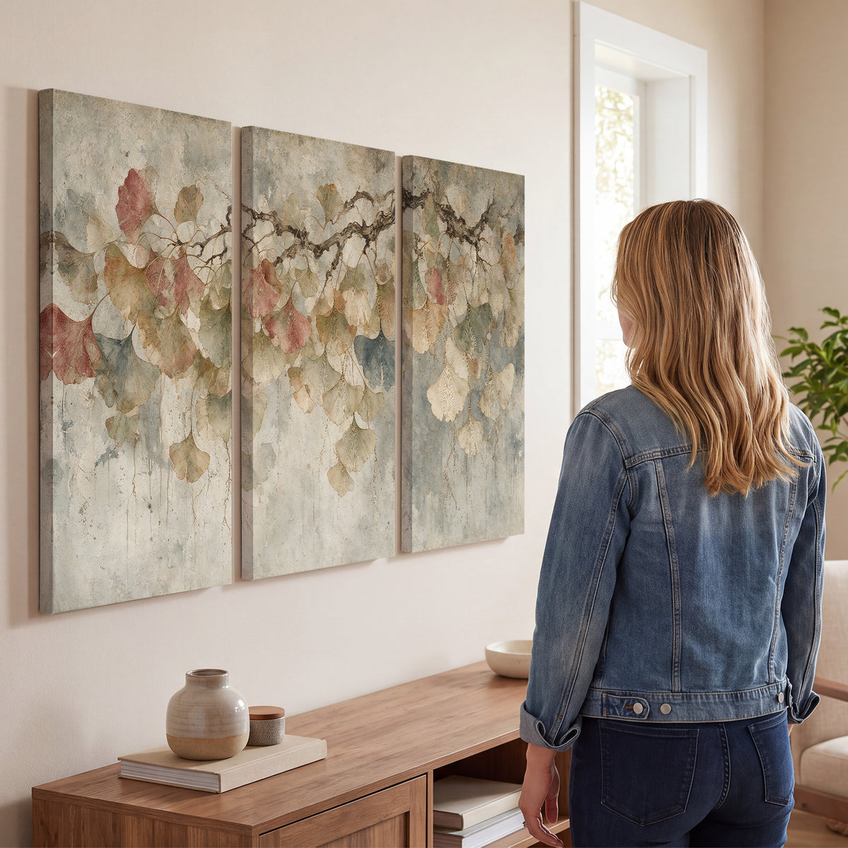 Cream and blush ginkgo leaves on delicate branches 3 piece canvas wall art three panel arrangement on a wall
