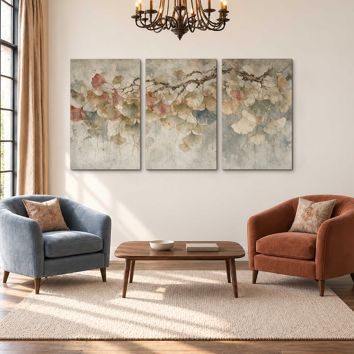 Cream and blush ginkgo leaves on delicate branches 3 piece canvas wall art styled in an interior