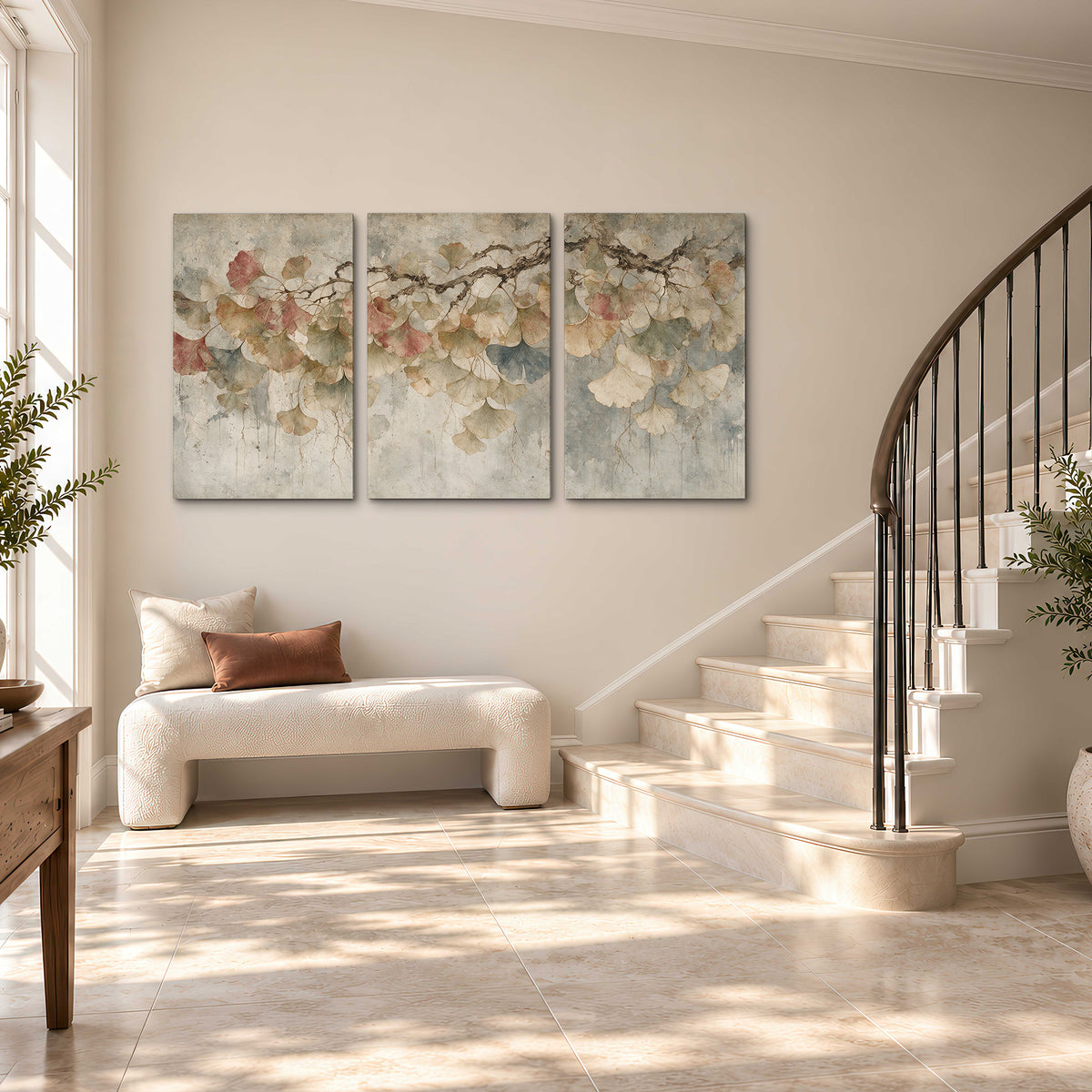 Cream and blush ginkgo leaves on delicate branches 3 piece canvas wall art styled in an interior