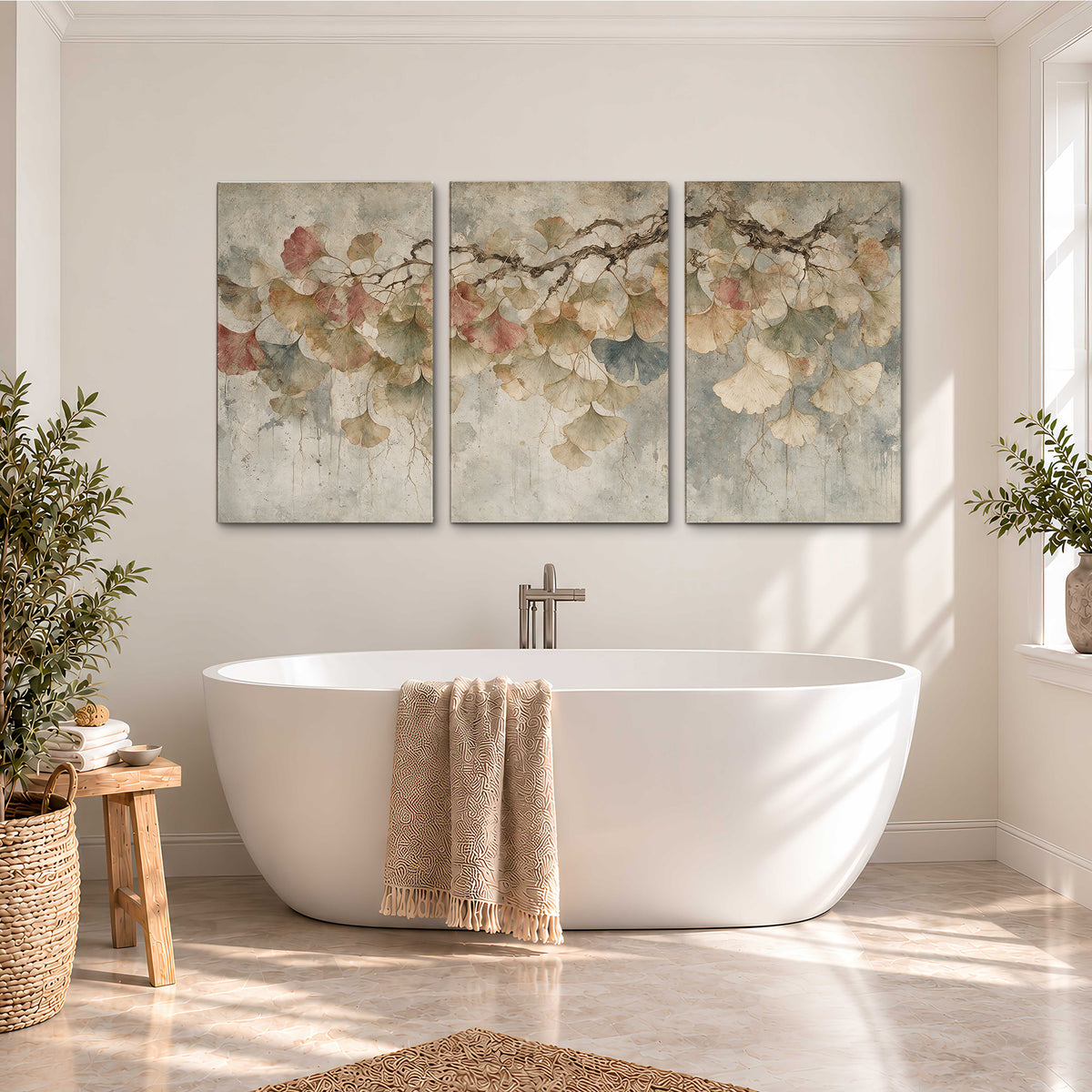 Cream and blush ginkgo leaves on delicate branches 3 piece canvas wall art styled in an interior