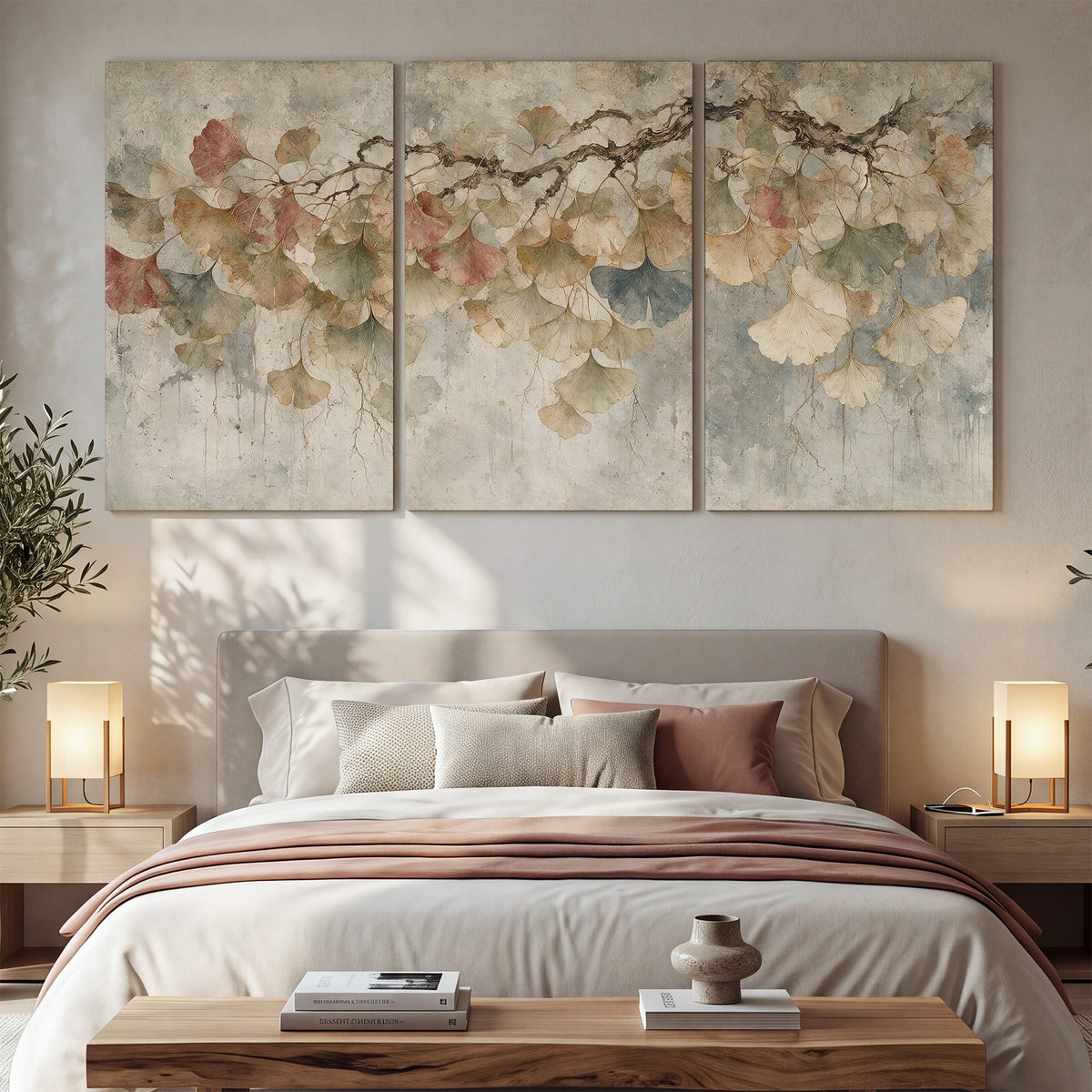 Cream and blush ginkgo leaves on delicate branches 3 piece canvas wall art displayed in a bedroom