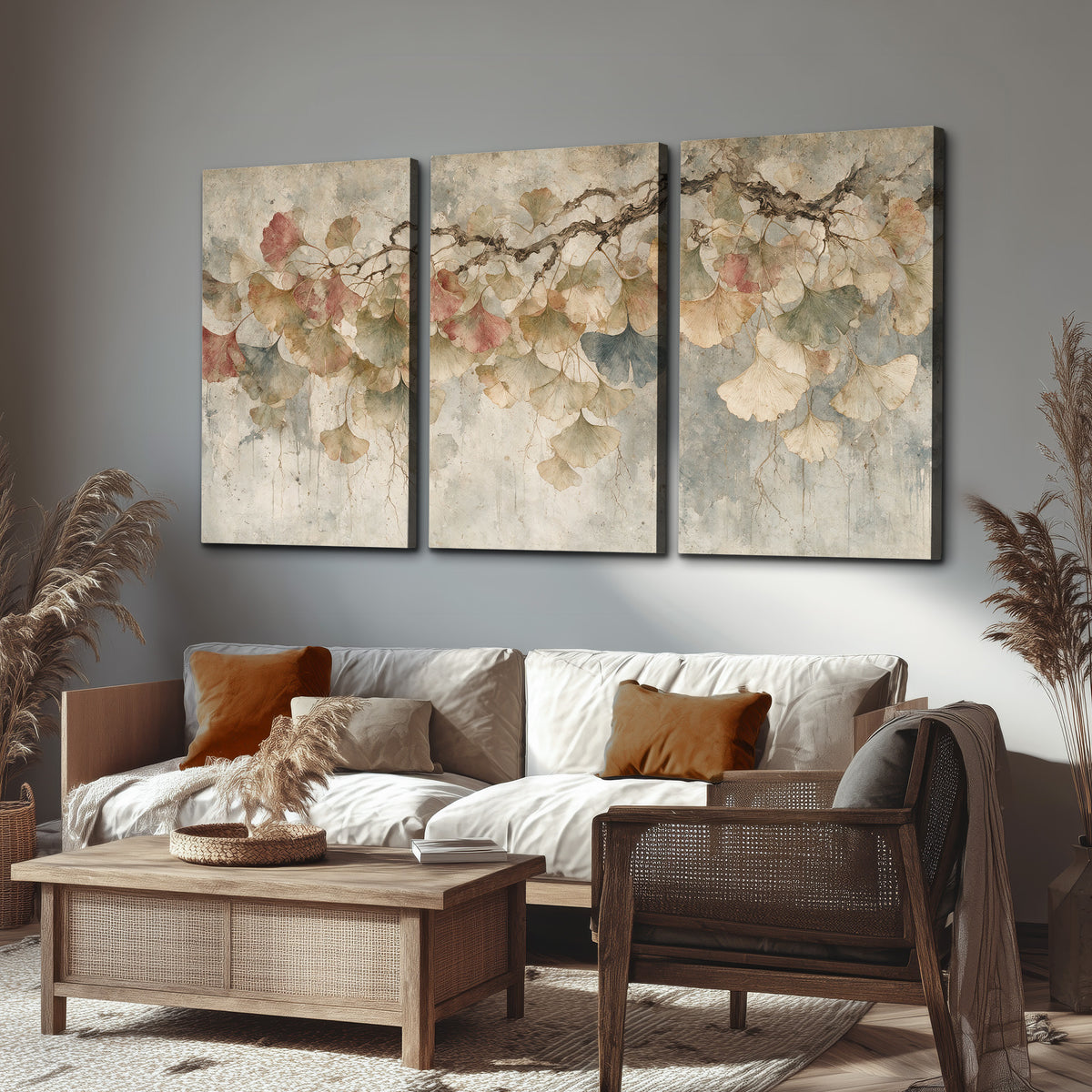 Cream and blush ginkgo leaves on delicate branches 3 piece canvas wall art displayed in a rustic living room