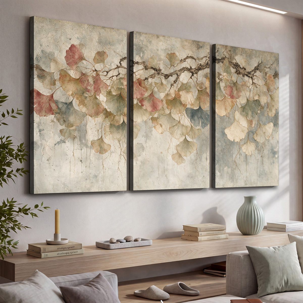 Cream and blush ginkgo leaves on delicate branches 3 piece canvas wall art displayed in a console
