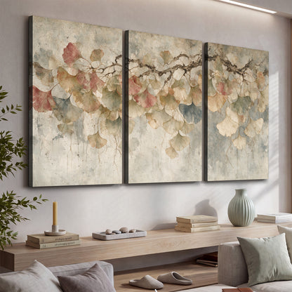 Cream and blush ginkgo leaves on delicate branches 3 piece canvas wall art displayed in a console