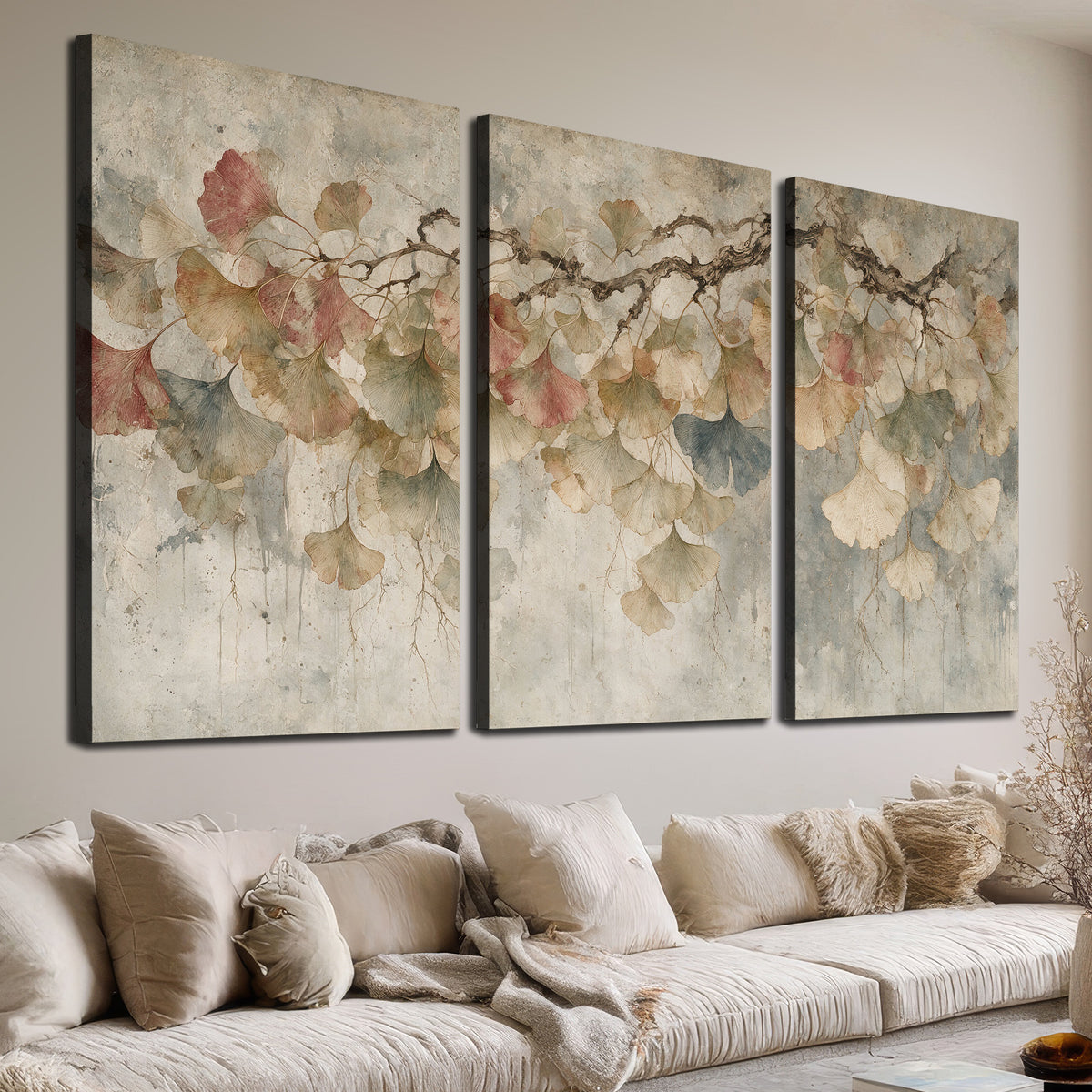 Cream and blush ginkgo leaves on delicate branches 3 piece canvas wall art room and product view