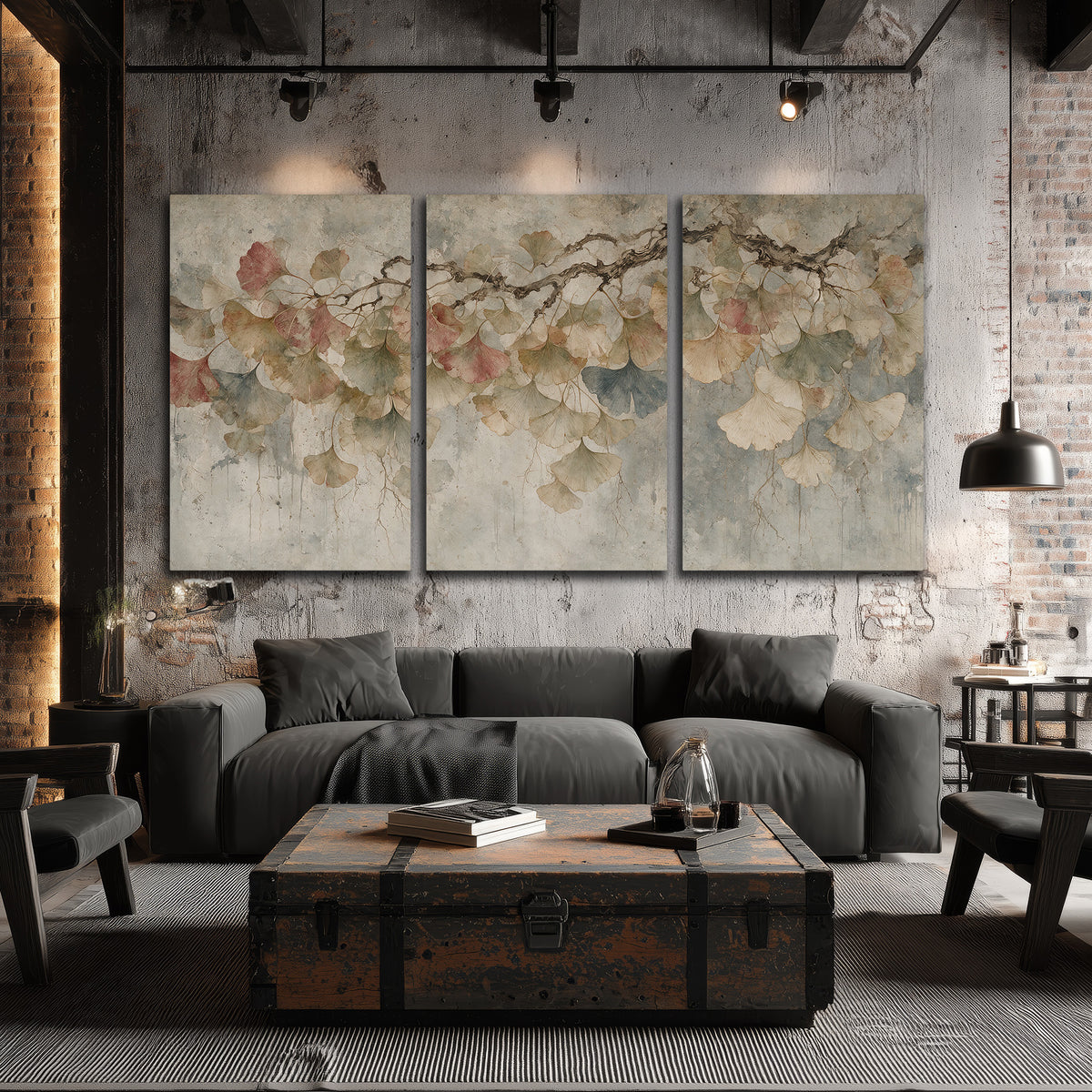 Cream and blush ginkgo leaves on delicate branches 3 piece canvas wall art displayed in a industrial room