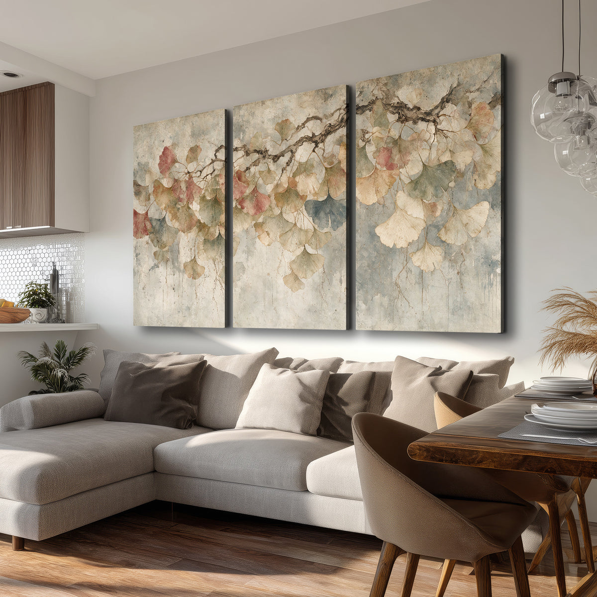 Cream and blush ginkgo leaves on delicate branches 3 piece canvas wall art room and product view
