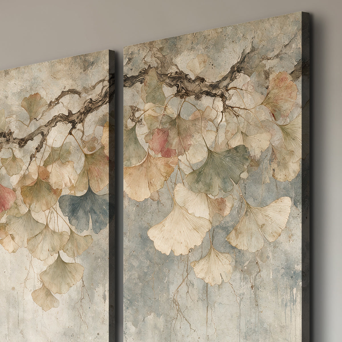 Cream and blush ginkgo leaves on delicate branches 3 piece canvas wall art room and product view