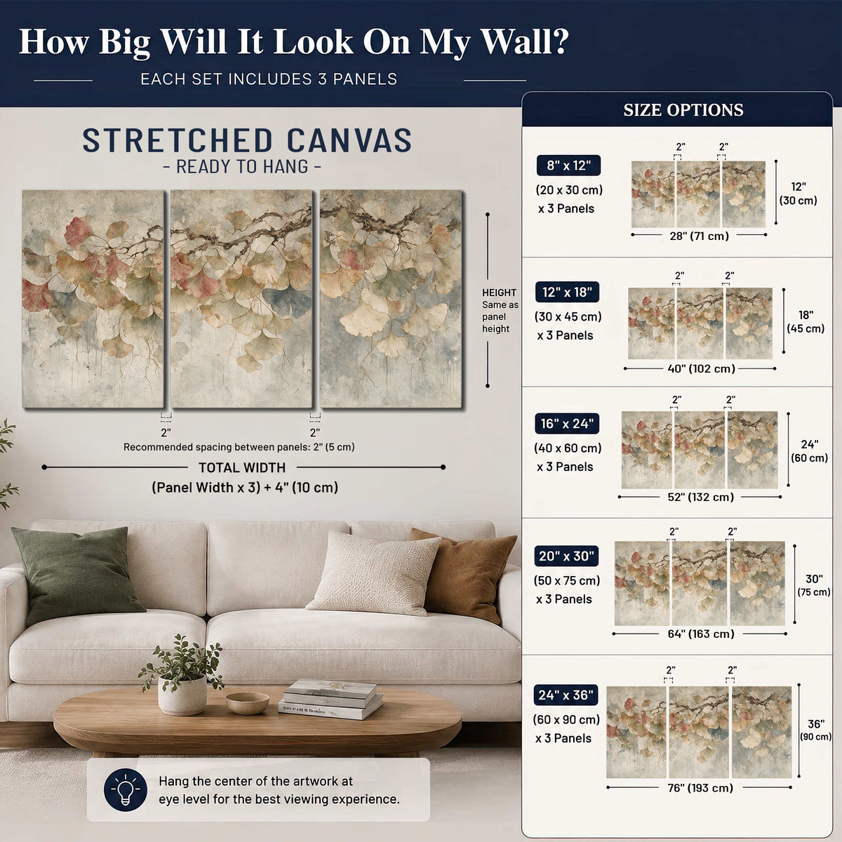 Cream and blush ginkgo leaves on delicate branches 3 piece canvas wall art size guide above a sofa; room view is illustrative